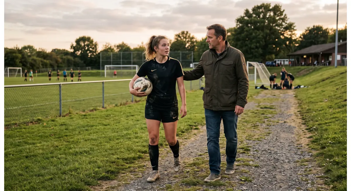 Un père échange avec sa fille de 19 ans après un entraînement de soccer.