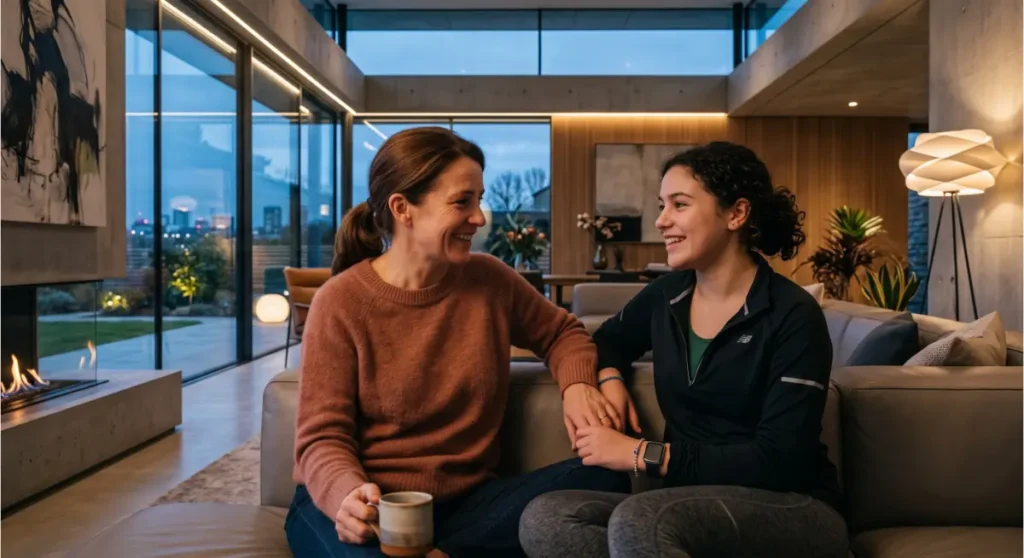 Parent et adolescent en conversation détendue à la fin de la journée