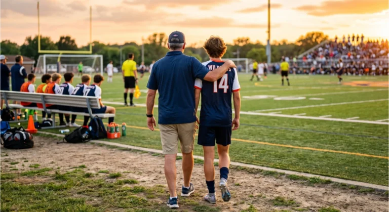 Parent et enfant au bord d'un terrain de sport