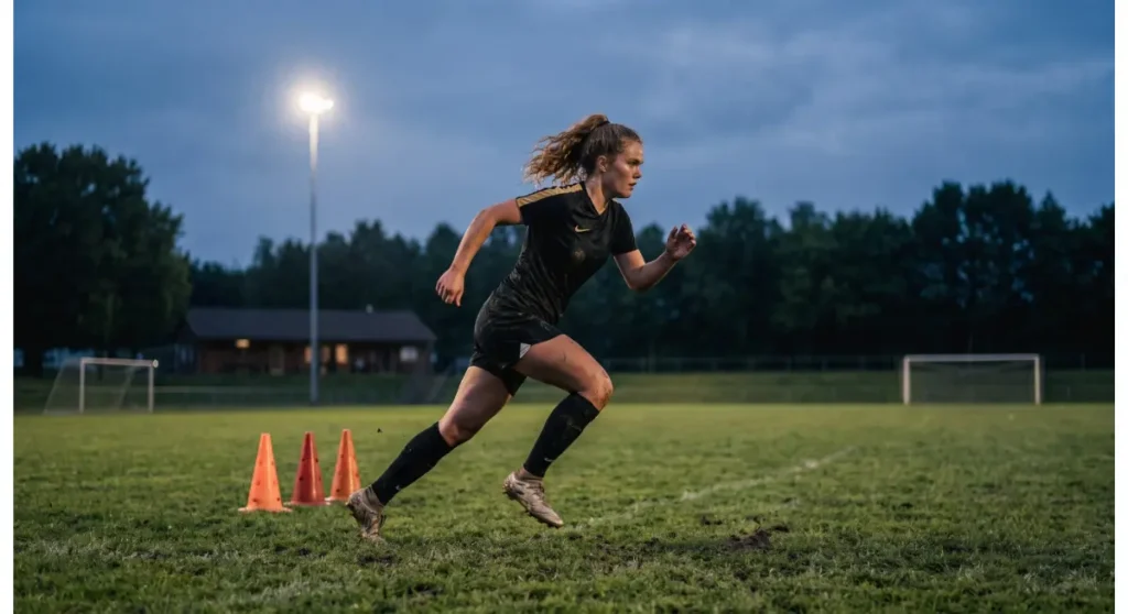 Une athlète de 19 ans répète un départ de sprint afin d’améliorer sa technique.