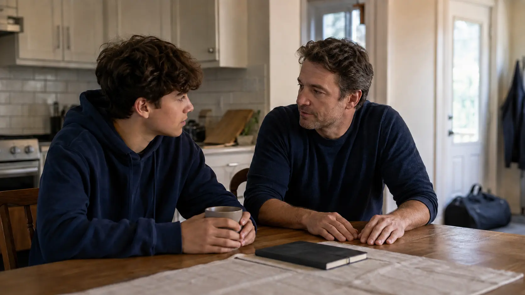 Un père discute calmement avec son fils athlète à la maison après une compétition