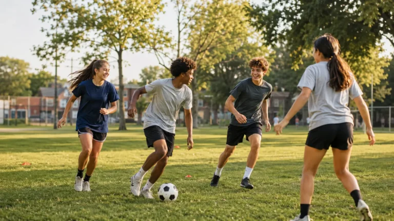 Quatre jeunes athlètes jouent librement au soccer dans un parc