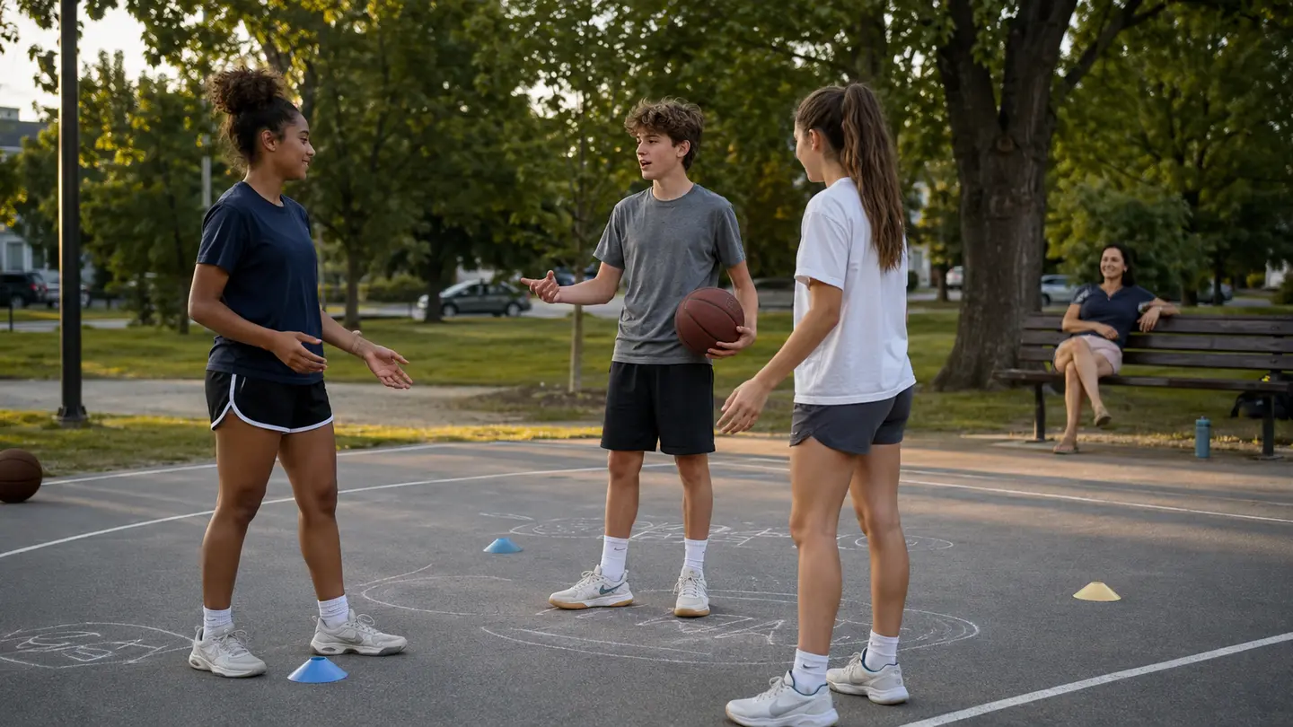 Trois jeunes athlètes inventent un jeu de basketball pendant qu’un parent les observe sans intervenir